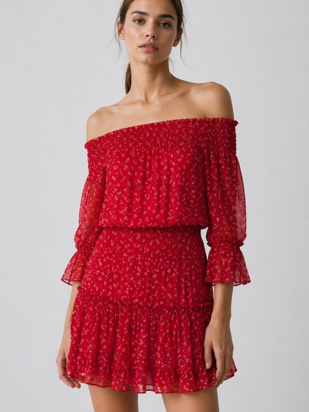 MISA Floral Darla Off the Shoulder Dress in Red